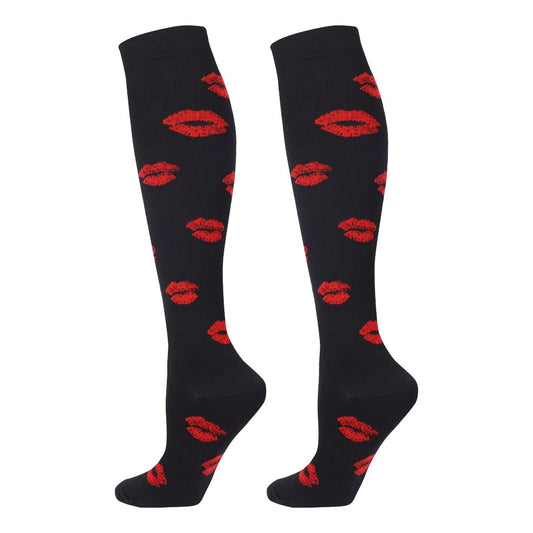Junely Valentines Day Compression Socks for Women 20-30 mmhg Knee High Lip Socks for Valentine Running Athletic Nurses Pregnant Women Work Support Travel Flight Sports Black
