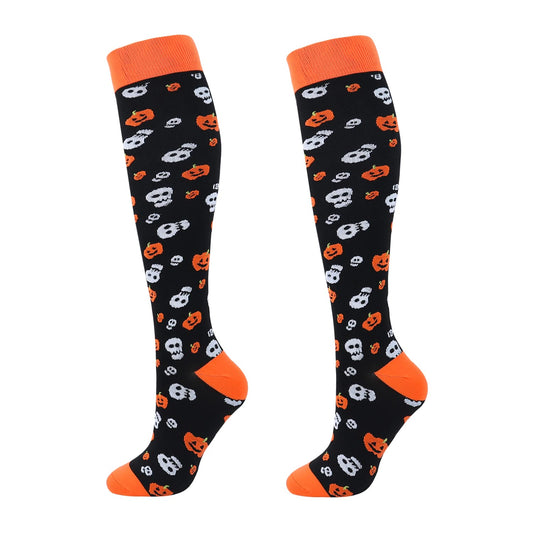Junely Halloween Compression Socks for Women 20-30 mmhg Knee High Pumpkin Skeleton Socks for Running Athletic Nurses Pregnant Women Work Support Travel Flight Sports Gifts Orange Black