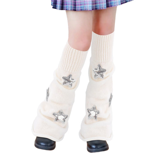 Junely Leg Warmers Kawaii Leg Warmer Cute Legwarmers with Sequin Star Japanese Socks Halloween Emo Lolita Gyaru Harajuku Accessories White