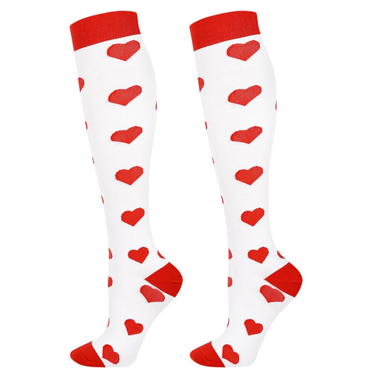 Junely Valentines Day Compression Socks for Women 20-30 mmhg Knee High Heart Socks for Valentine Running Athletic Nurses Pregnant Women Work Support Travel Flight Sports White