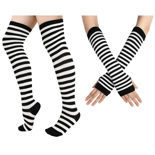 Junely Thigh High Socks and Gloves Black and White Striped Fingerless Gloves and Stockings Set Over the Knee Extra Long Christmas Cosplay Costume Accessories