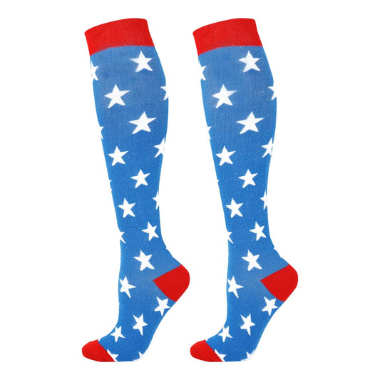 Junely American flag Compression Socks for Women 20-30 mmhg Knee High Patriotic Socks for Running Athletic Nurses Pregnant Women Work Support Travel Flight Sports Blue