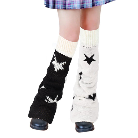 Junely Leg Warmers for Women Winter Kawaii Leg Warmer Cute Star Legwarmers Japanese Socks Halloween Goth Emo Lolita Gyaru Gothic Harajuku Accessories Black White