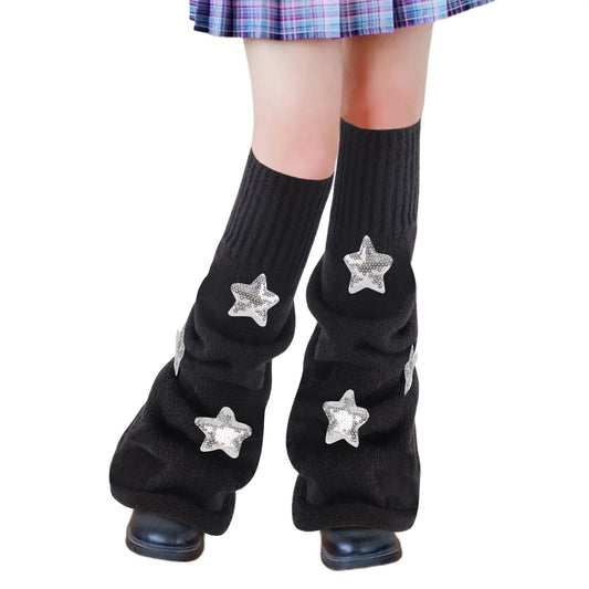 Junely Leg Warmers Kawaii Leg Warmer Cute Legwarmers with Sequin Star Japanese Socks Halloween Emo Lolita Gyaru Harajuku Accessories Black
