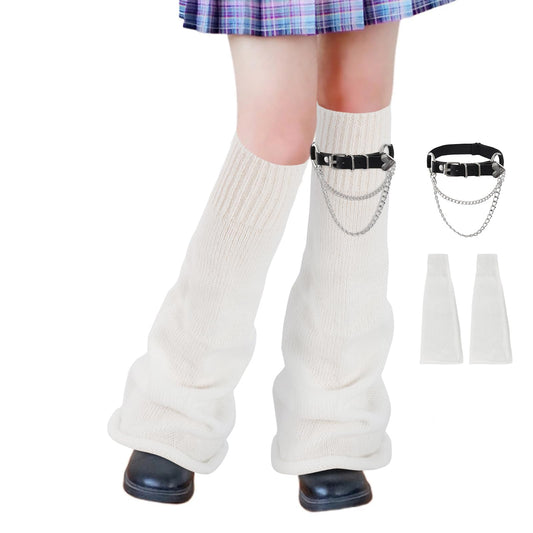 Junely Leg Warmers Kawaii Leg Warmer Cute Legwarmers with Garter Belt Adjustable Japanese Socks Halloween Emo Lolita Gyaru Harajuku Accessories White