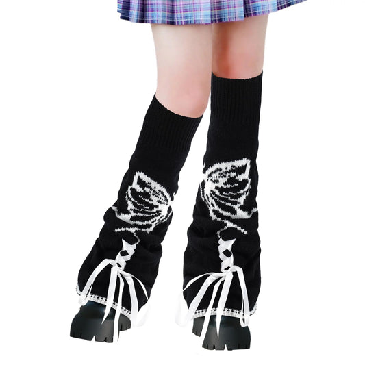 Junely Leg Warmers Kawaii Leg Warmer Cute Legwarmers Reversible Japanese Socks Goth Emo Lolita Gyaru Harajuku Accessories Black