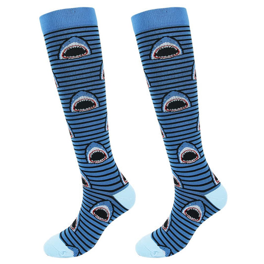 Junely Compression Socks for Women 20-30 mmhg Shark Knee High Stockings for Running Athletic Nurses Pregnant Women Work Support Travel Flight Sports Shark Gifts Blue