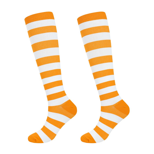 Junely Compression Socks for Women Striped Knee High Stockings for Halloween Running Athletic Nurses Pregnant Women Work Support Travel Flight Sports Gifts Orange and White