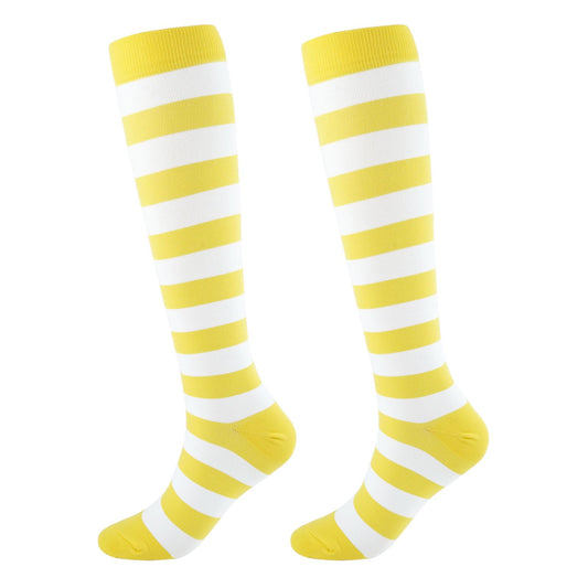 Junely Compression Socks for Women Striped Knee High Stockings for Halloween Running Athletic Nurses Pregnant Women Work Support Travel Flight Sports Gifts Yellow and White