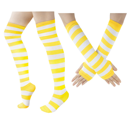 Junely Striped Thigh High Socks Over the Knee Stockings Extra Long Halloween Cosplay Costume Accessories Gifts Yellow and White