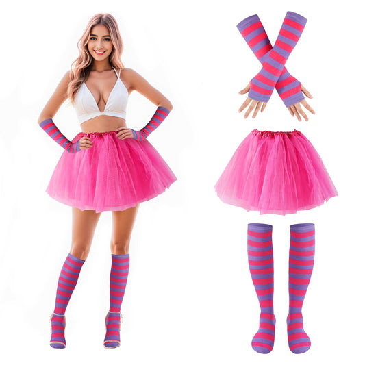 Junely Pink and Purple Striped Cat Costume Tutu for Women Adults Knee High Socks Fingerless Gloves Halloween Cosplay Costumes Accessories