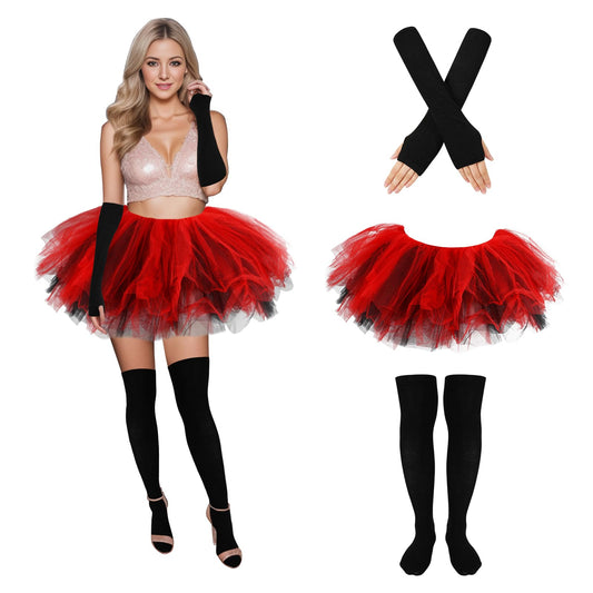 Junely Red and Black Tutu for Women Adults Black Thigh High Socks Fingerless Gloves Halloween Cosplay Costume Accessories