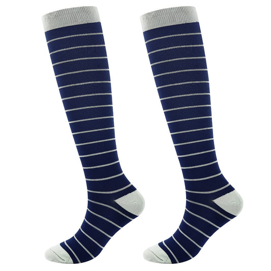 Junely Compression Socks for Women 20-30 mmhg Striped Knee High Stockings for Running Athletic Nurses Pregnant Women Work Support Travel Flight Sports Navy and Grey