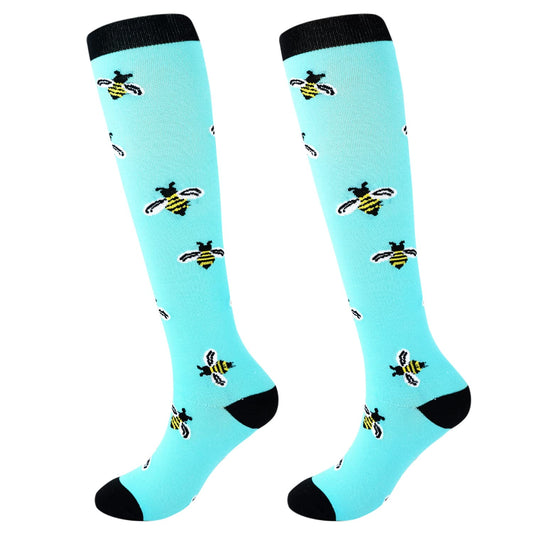 Junely Compression Socks for Women 20-30 mmhg Bee Knee High Stockings for Running Athletic Nurses Pregnant Women Work Support Travel Flight Sports Bee Gifts Blue