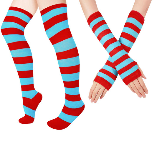 Junely Red and Blue Striped Thigh High Socks Over the Knee Stockings Extra Long Gifts Halloween Cosplay Costumes Accessories Gifts