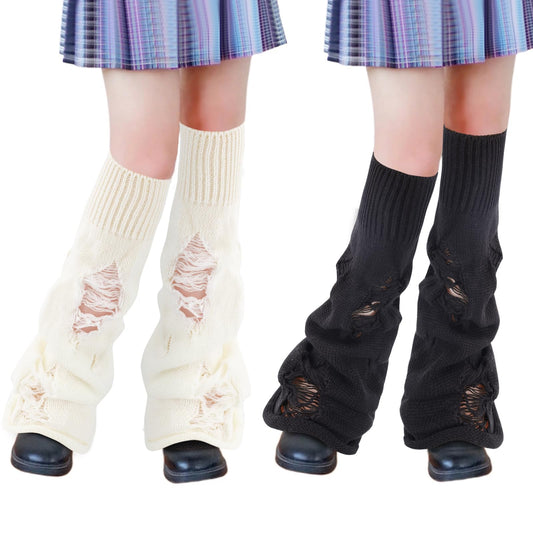 Junely Leg Warmers for Women Ripped Kawaii Leg Warmer Cute Legwarmers Japanese Socks Halloween Goth Emo Lolita Gyaru Gothic Harajuku Accessories Black White