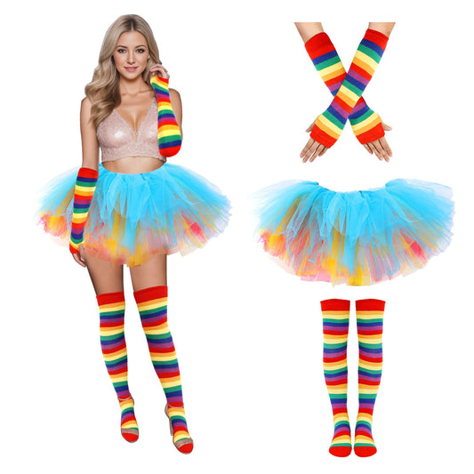 Junely Rainbow Tutu for Women Adults Striped Thigh High Socks Fingerless Gloves Pride Day Halloween Costumes Accessories