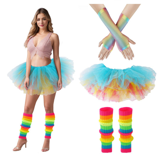 Junely Rainbow Tutu for Women Adults and Leg Warmers and Fingerless Gloves Pride Accessories for Ballet Dance Running