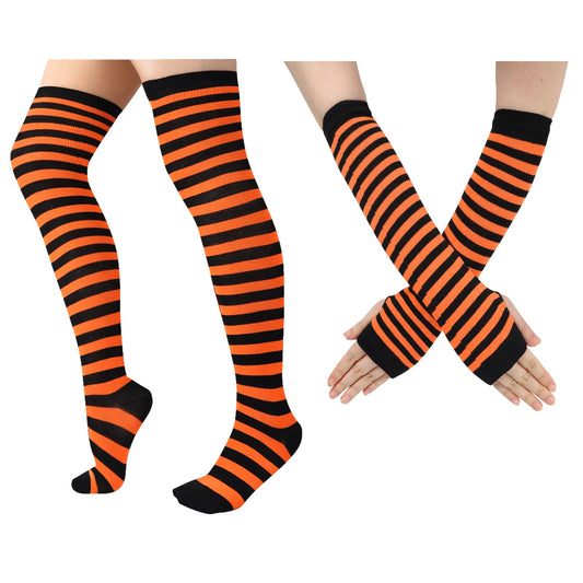 Junely Striped Thigh High Socks Over the Knee Stockings Extra Long Halloween Cosplay Costume Accessories Gifts Orange and Black