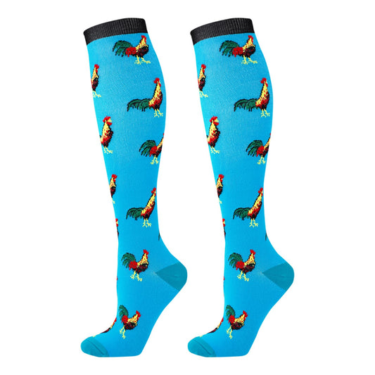 Junely Compression Socks for Women Chicken Rooster Knee High Stockings for Running Athletic Nurses Pregnant Women Work Support Travel Flight Sports Gifts Blue