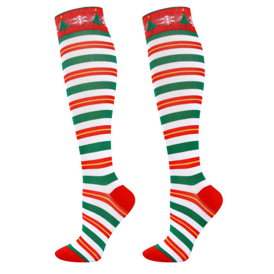 Junely Compression Socks for Women Christmas Striped Knee High Stockings for Running Athletic Nurses Pregnant Women Work Support Travel Flight Sports Gifts Red Green