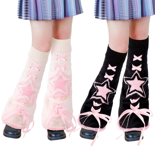 Junely Leg Warmers for Women Winter Kawaii Leg Warmer Cute Legwarmers with Bows Japanese Socks Halloween Goth Emo Lolita Gyaru Gothic Harajuku Accessories Black White Pink