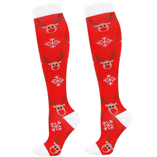 Junely Christmas Compression Socks for Women Knee High Reindeer Snowflake Socks for Running Athletic Nurses Pregnant Women Work Support Travel Flight Sports Gifts Red