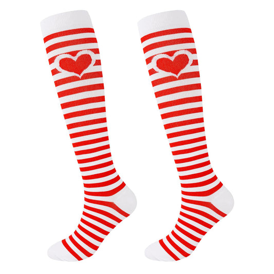 Junely Compression Socks for Women Heart Striped Knee High Stockings for Valentines Day Running Athletic Nurses Pregnant Women Work Support Travel Flight Sports Gifts Red White