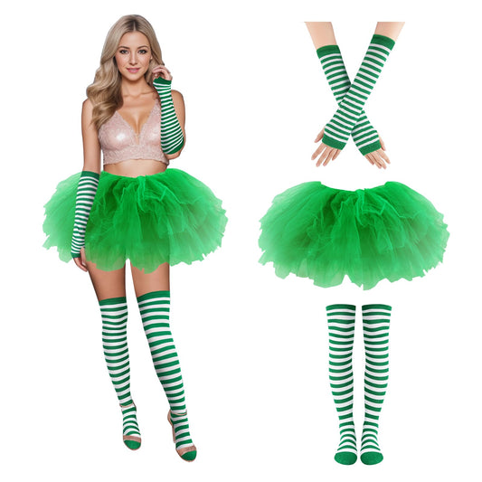 Junely St Patricks Day Tutu for Women Adults Green and White Striped Thigh High Socks Fingerless Gloves Halloween Costumes Accessories