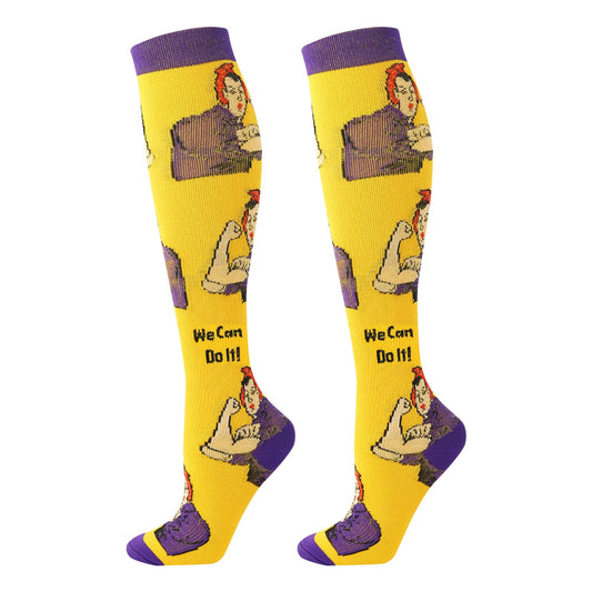 Junely Compression Socks for Women Funny Knee High Stockings for Running Athletic Nurses Pregnant Women Work Support Travel Flight Sports Fun Gifts Yellow