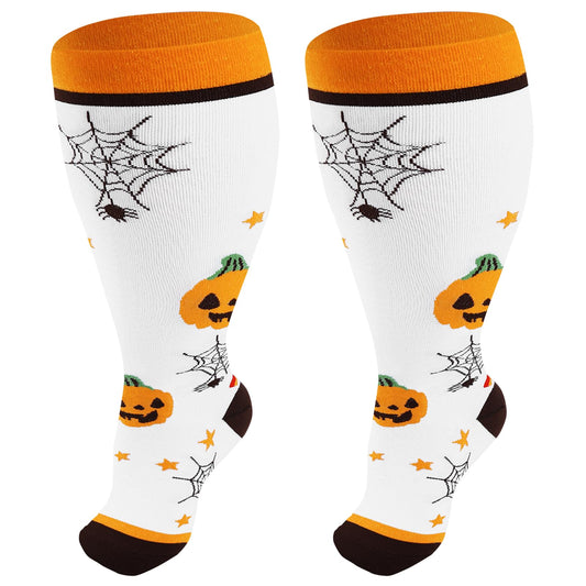 Junely Compression Socks for Women Wide Calf Knee High Halloween Stockings for Running Athletic Nurses Pregnant Women Work Support Travel Flight Sports Gifts Orange