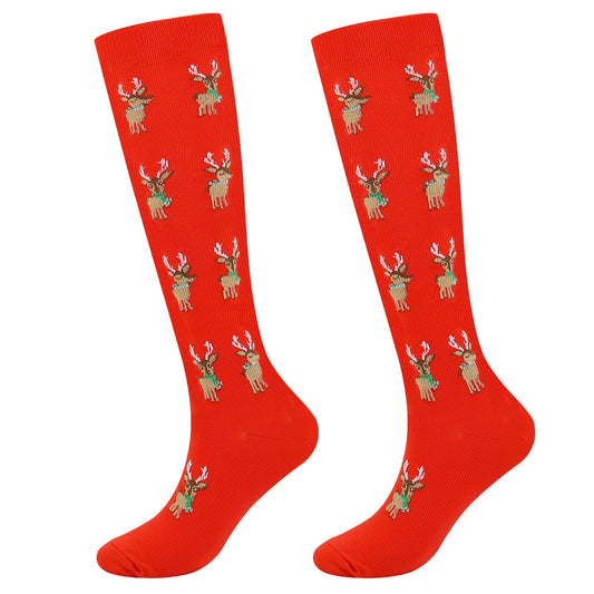 Junely Christmas Compression Socks for Women Knee High Reindeer Socks for Running Athletic Nurses Pregnant Women Work Support Travel Flight Sports Gifts Red