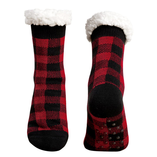 Junely Christmas Slipper Socks with Grippers for Women Non Slip Fuzzy Fluffy Cozy Warm Soft Comfy Thick Fleece Cabin Socks Red Buffalo Plaid