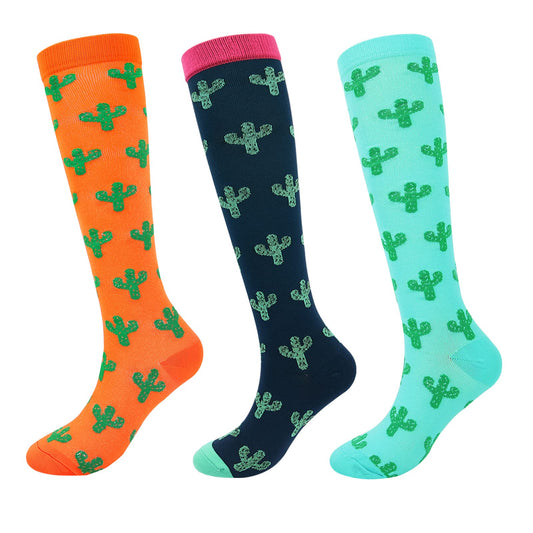 Junely Compression Socks for Women Cactus Knee High Socks for Running Athletic Nurses Pregnant Women Work Support Travel Flight Sports Fall Orange Black Blue