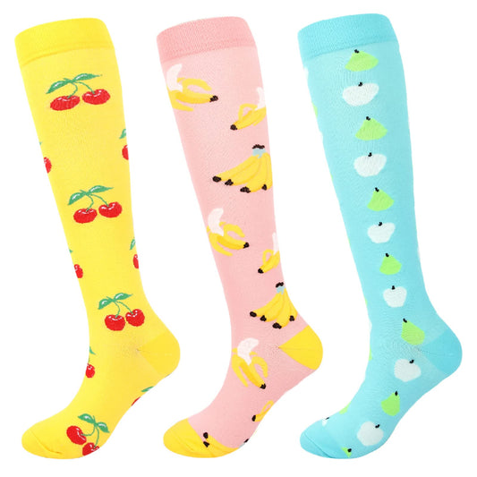 Junely Compression Socks for Women Knee High Banana Cherry Pear Stockings for Running Athletic Nurses Pregnant Women Work Support Travel Flight Sports Pink Blue Yellow
