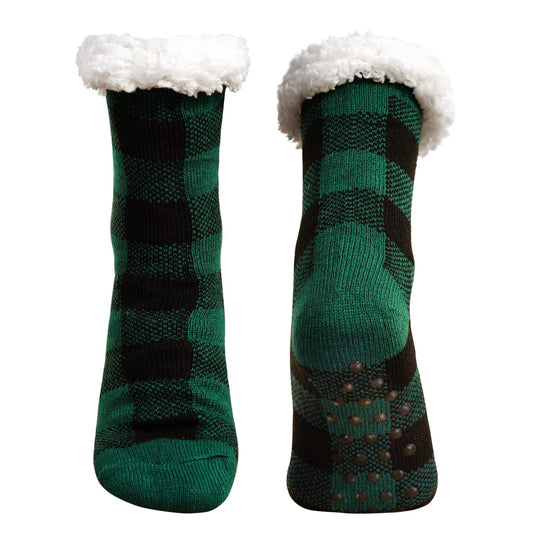 Junely Christmas Slipper Socks with Grippers for Women Non Slip Fuzzy Fluffy Cozy Warm Soft Comfy Thick Fleece Cabin Socks Green Buffalo Plaid