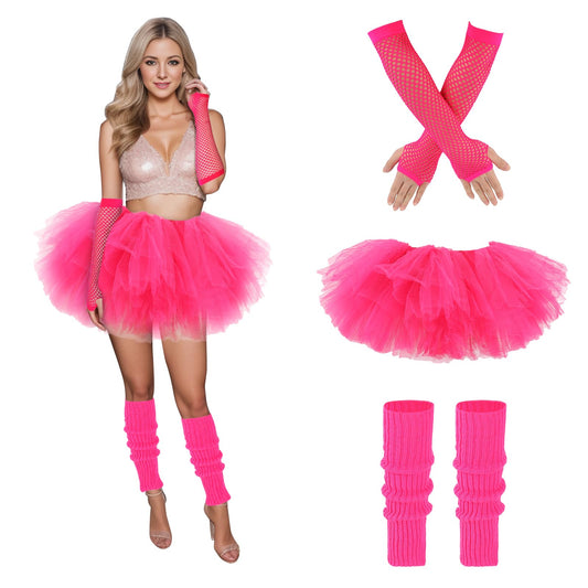Junely 80s Tutu for Women Adults and Leg Warmers and Fingerless Gloves 80s Accessories for Ballet Dance Running Hot Pink