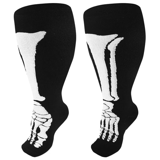 Junely Compression Socks for Women Wide Calf Knee High Skeleton Stockings for Halloween Running Athletic Nurses Pregnant Women Work Support Travel Flight Sports Gifts Black