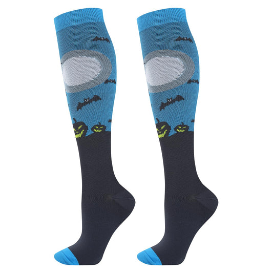 Junely Halloween Compression Socks for Women 20-30 mmhg Knee High Pumpkin Bat Socks for Running Athletic Nurses Pregnant Women Work Support Travel Flight Sports Gifts Blue