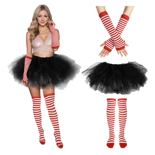Junely Tutu for Women Adults Red and White Striped Thigh High Socks Fingerless Gloves Halloween Costumes Accessories