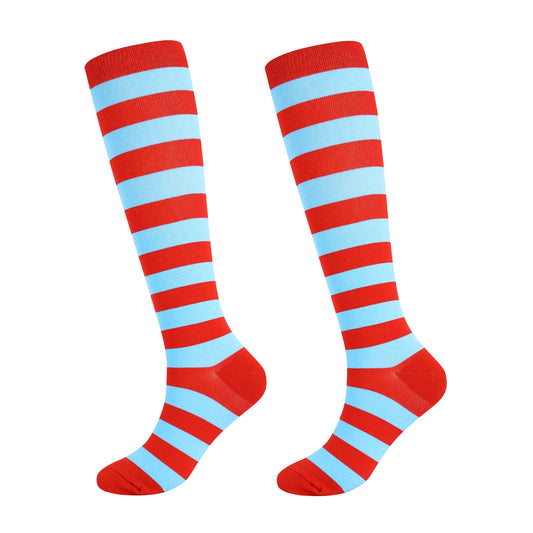Junely Compression Socks for Women Striped Knee High Stockings for Halloween Running Athletic Nurses Pregnant Women Work Support Travel Flight Sports Gifts Red and Blue