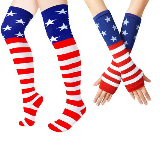 Junely American Flag Thigh High Socks Patriotic Over the Knee Stockings Extra Long 4th of July Costume Accessories Gifts Red White Blue
