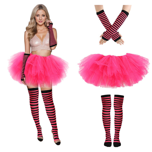 Junely Tutu for Women Adults Striped Thigh High Socks Fingerless Gloves Halloween Costumes Accessories Pink Black