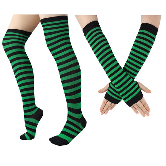 Junely Striped Thigh High Socks Over the Knee Stockings Extra Long Halloween Cosplay Costume Accessories Gifts Green and Black