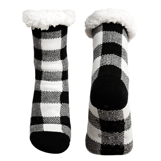 Junely Christmas Slipper Socks with Grippers for Women Non Slip Fuzzy Fluffy Cozy Warm Soft Comfy Thick Fleece Cabin Socks Black and White Buffalo Plaid