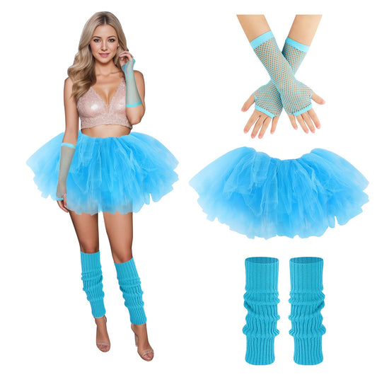 Junely Tutu for Women Adults and Leg Warmers and Fingerless Gloves Costume Accessories for Halloween Ballet Dance Running Gifts Blue