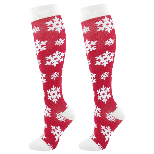 Junely Compression Socks for Women Christmas Snowflake Knee High Stockings for Running Athletic Nurses Pregnant Women Work Support Travel Flight Sports Gifts Red