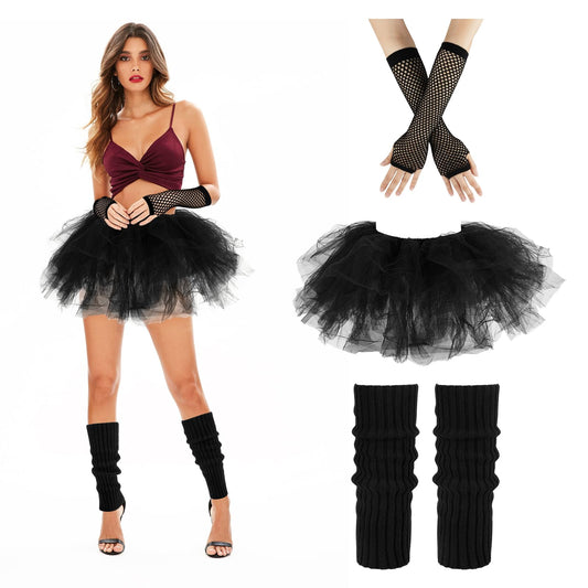 Junely 80s Tutu for Women Adults and Leg Warmers and Fingerless Gloves Gothic Halloween Accessories for Ballet Dance Running Black