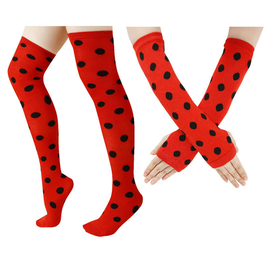 Junely Polka Dot Thigh High Socks Over the Knee Stockings Extra Long Halloween Cosplay Costume Accessories Gifts Red