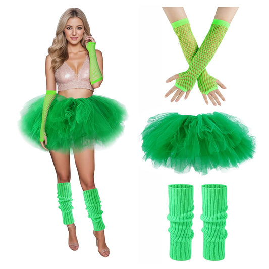 Junely 80s Tutu for Women Adults and Leg Warmers and Fingerless Gloves St Patricks Day Mardi Gras 80s Accessories for Ballet Dance Running Green